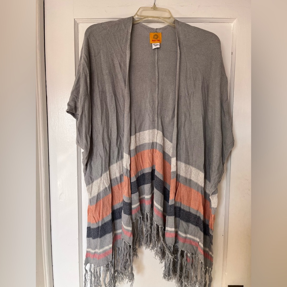Ruby Rd. Gray and Orange Striped Fringe Shawl